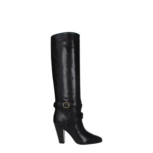 Celine Black Leather Knee-High High Heel Boots – Pointed Toe Gold Buckle